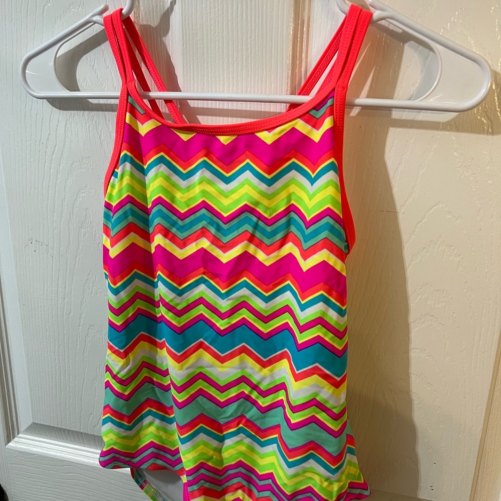 Girls Neon Chevron Tank Swimsuit - Bright Pink & Multi